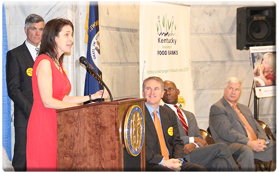 Tamara Sandberg addresses the Farms to Food Banks rally in February.